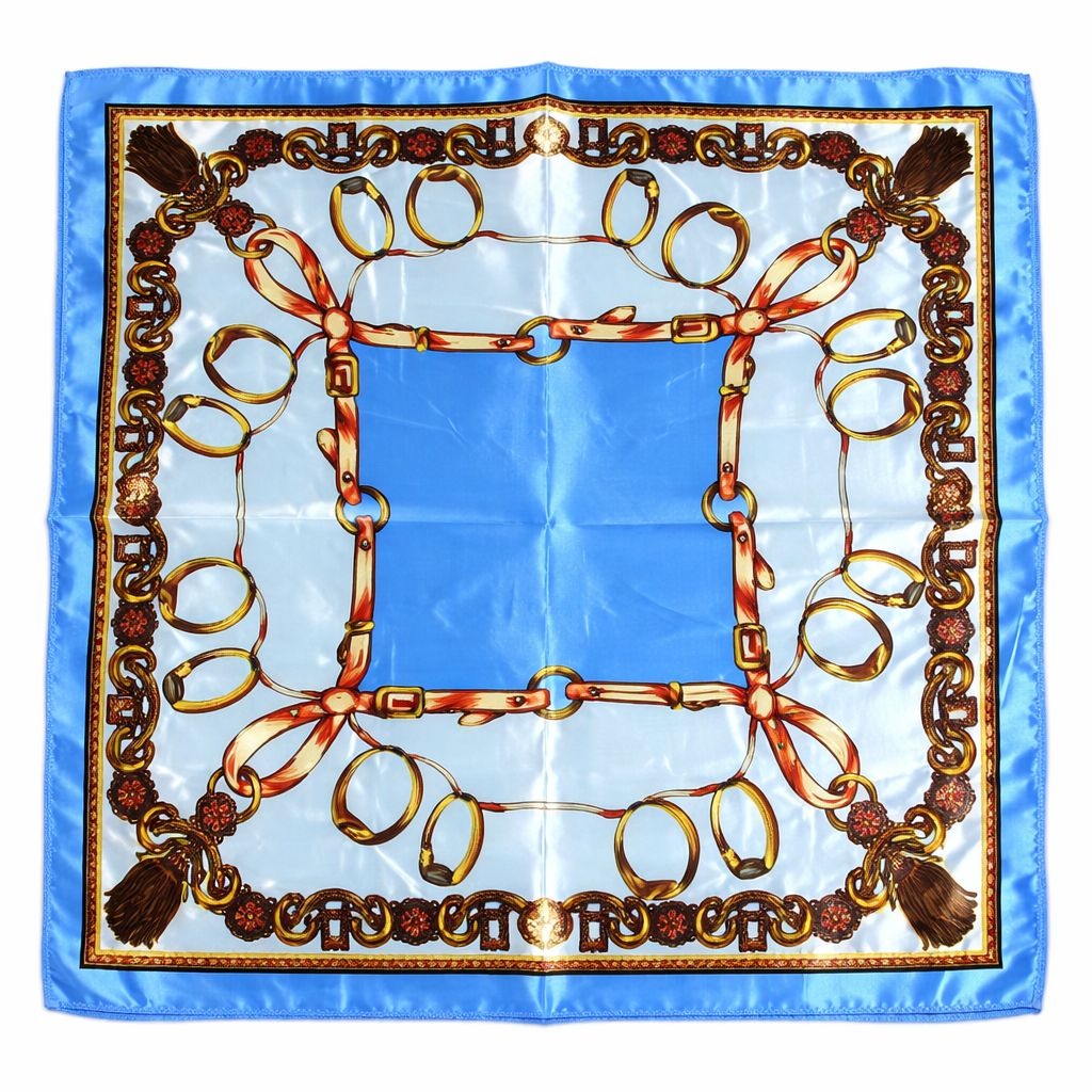 Blue Gold Chain Print Satin Square Scarf Hair Neck Head Wrap Bag Accessory Equestrian Nautical 20x20