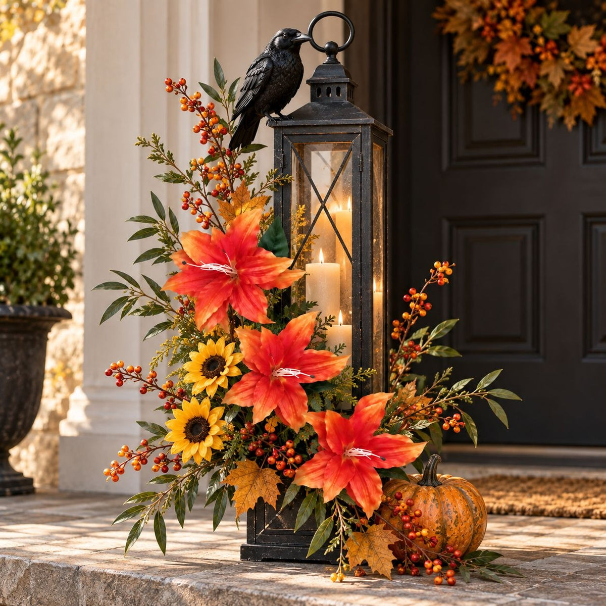 Bright Orange Artificial Lily Stem, 33-Inch, 3-Bloom Faux Flower