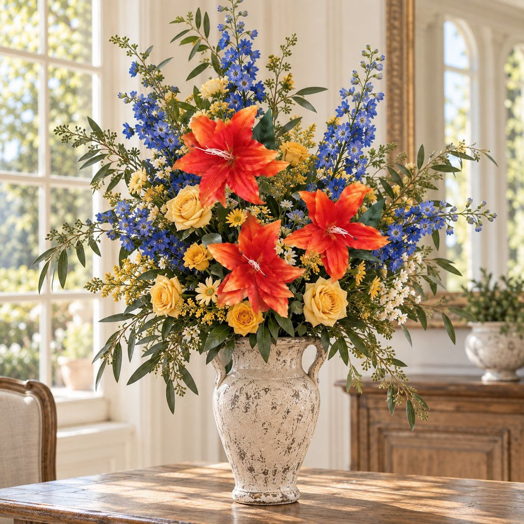 Bright Orange Artificial Lily Stem, 33-Inch, 3-Bloom Faux Flower