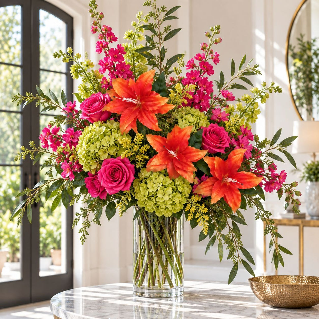 Bright Orange Artificial Lily Stem, 33-Inch, 3-Bloom Faux Flower