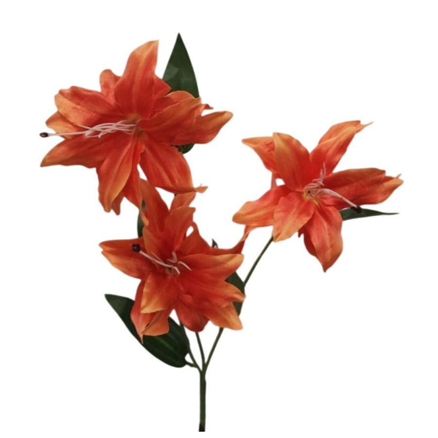 Bright Orange Artificial Lily Stem, 33-Inch, 3-Bloom Faux Flower