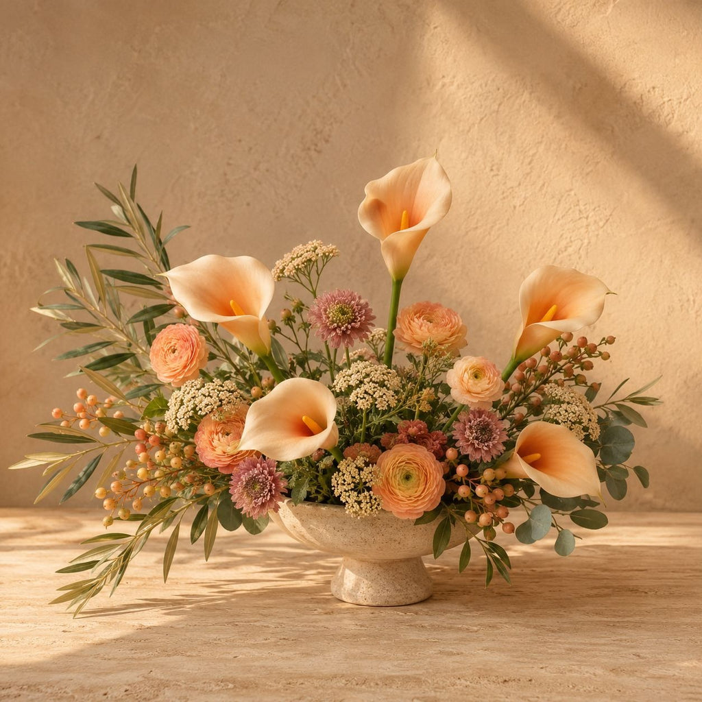A beautifully arranged floral centerpiece in a stone pedestal bowl, featuring peach calla lilies, peach ranunculus, pink ditsy flowers, and green foliage, set against a textured beige wall with warm sunlight and shadows.