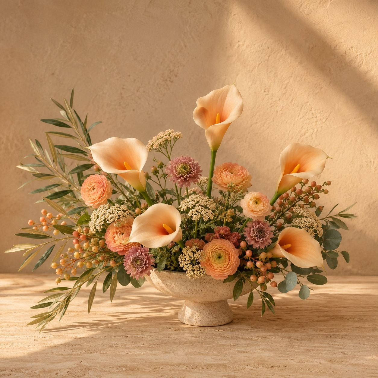 A beautifully arranged floral centerpiece in a stone pedestal bowl, featuring peach calla lilies, peach ranunculus, pink ditsy flowers, and green foliage, set against a textured beige wall with warm sunlight and shadows.