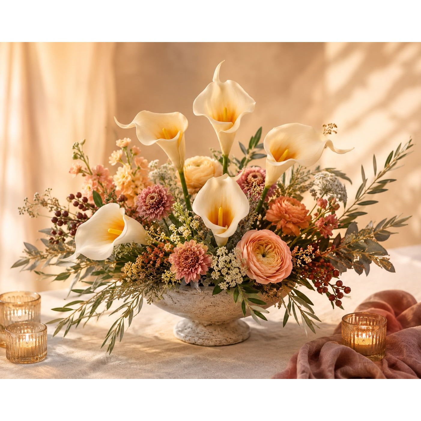 A floral centerpiece arrangement in a stone-style pedestal bowl, featuring cream calla lilies, peach ranunculus, pink chrysanthemums, and green foliage, styled on a draped table with lit glass candleholders.