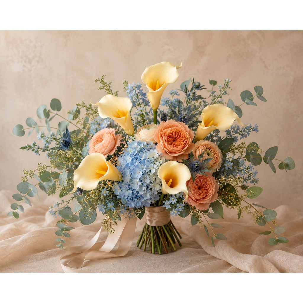 A rustic-style floral bouquet featuring pale yellow calla lilies, peach roses, light blue hydrangeas, and eucalyptus leaves, wrapped in a beige ribbon and tied with a cream ribbon, set against a neutral beige background.