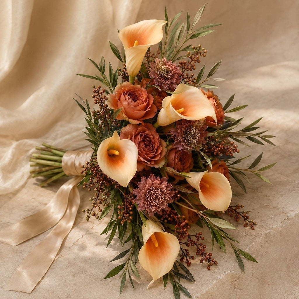 A rustic dried flower bouquet featuring peach calla lilies, dusty rose roses, and earthy purple accents, styled with green foliage and tied with a cream satin ribbon on a draped beige fabric background.