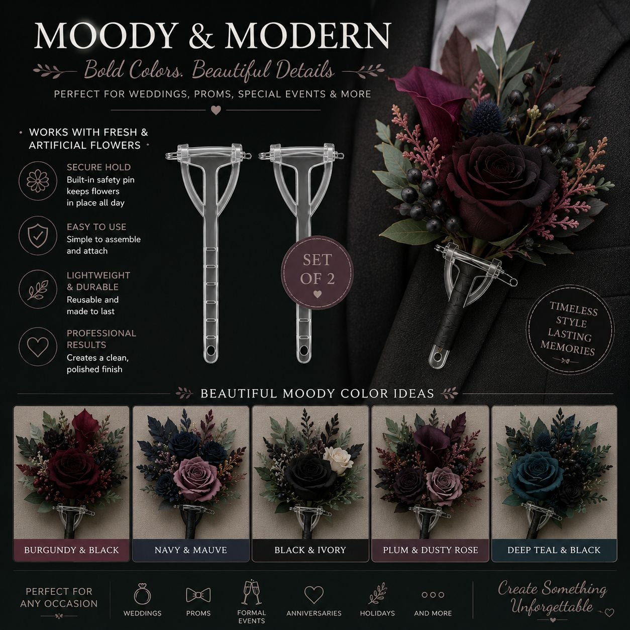 Clear Boutonniere Pins Set of 2 | Transparent Corsage Holders | Floral Safety Pins | Wedding Flower Holders | DIY Boutonniere Supplies | Pro