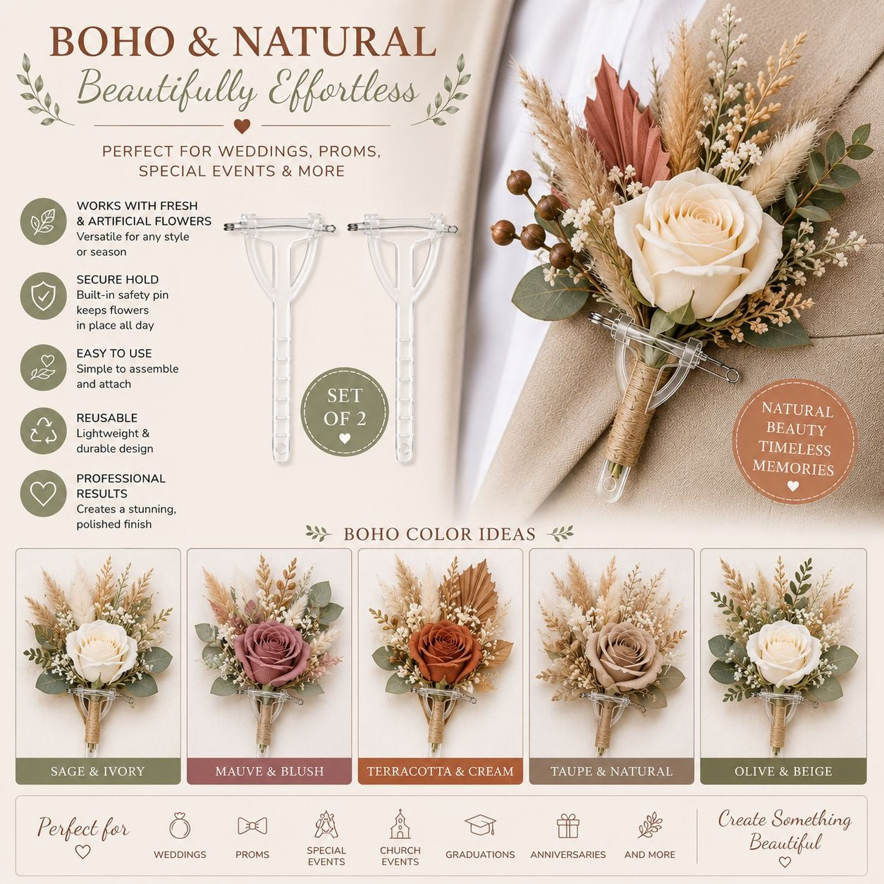 Clear Boutonniere Pins Set of 2 | Transparent Corsage Holders | Floral Safety Pins | Wedding Flower Holders | DIY Boutonniere Supplies | Pro