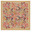 A square scarf featuring an intricate, dense paisley and floral pattern on a beige background, finished with a decorative gold-toned border.