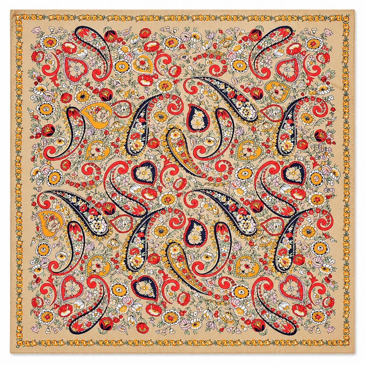 A square scarf featuring an intricate, dense paisley and floral pattern on a beige background, finished with a decorative gold-toned border.