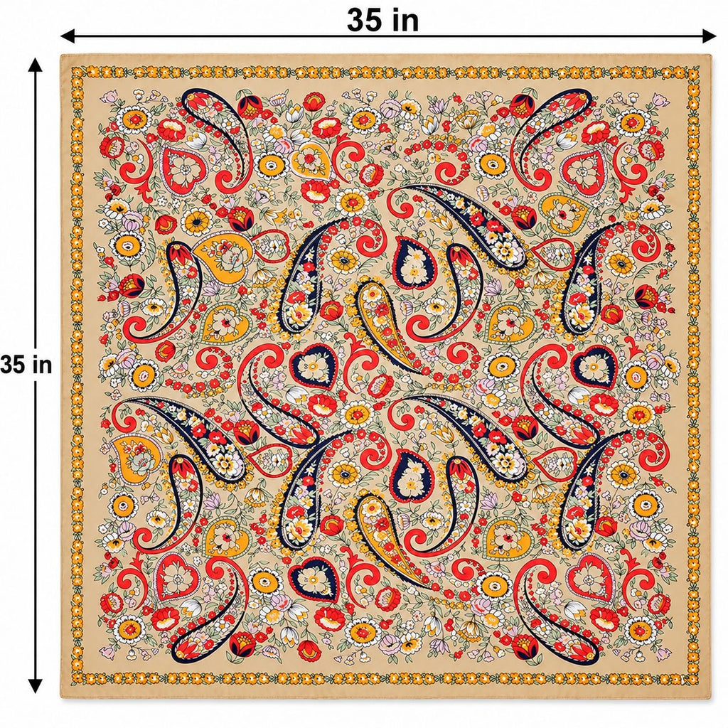 A square decorative textile or scarf with a dense paisley and floral pattern, shown on a white background with dimension arrows labeling the sides as 35 in.
