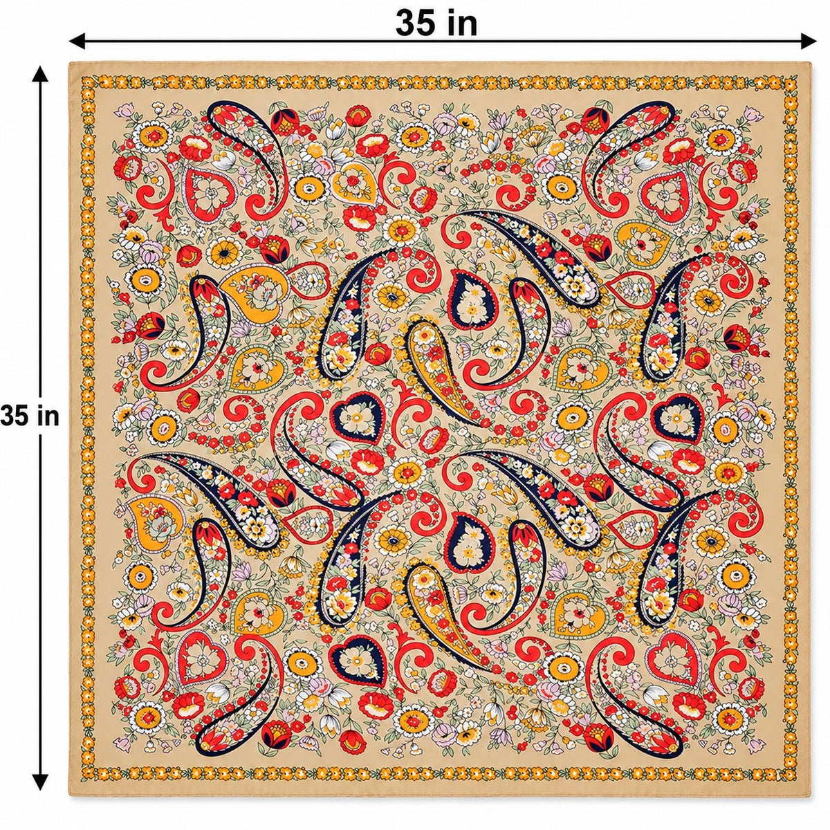 A square decorative textile or scarf with a dense paisley and floral pattern, shown on a white background with dimension arrows labeling the sides as 35 in.