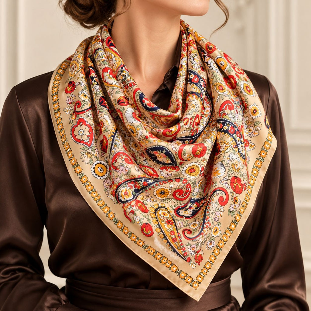 A woman wearing a beige silk scarf with a colorful paisley and floral pattern, styled around her neck over a dark brown satin top.