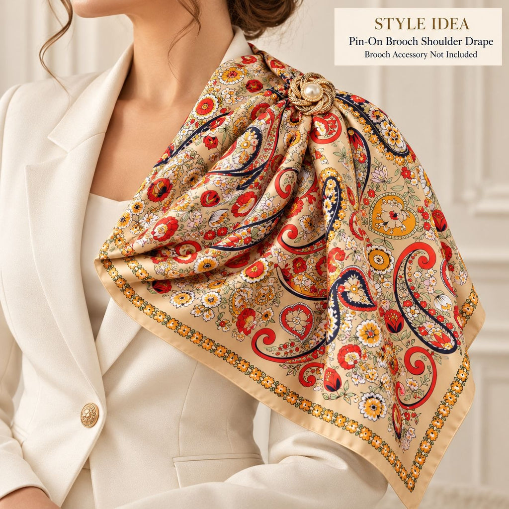 A woman in a white blazer wears a beige paisley and floral brooch shoulder drape scarf, styled as a pin-on accessory. The text overlay in the top right reads 'STYLE IDEA Pin-On Brooch Shoulder Drape Brooch Accessory Not Included'.