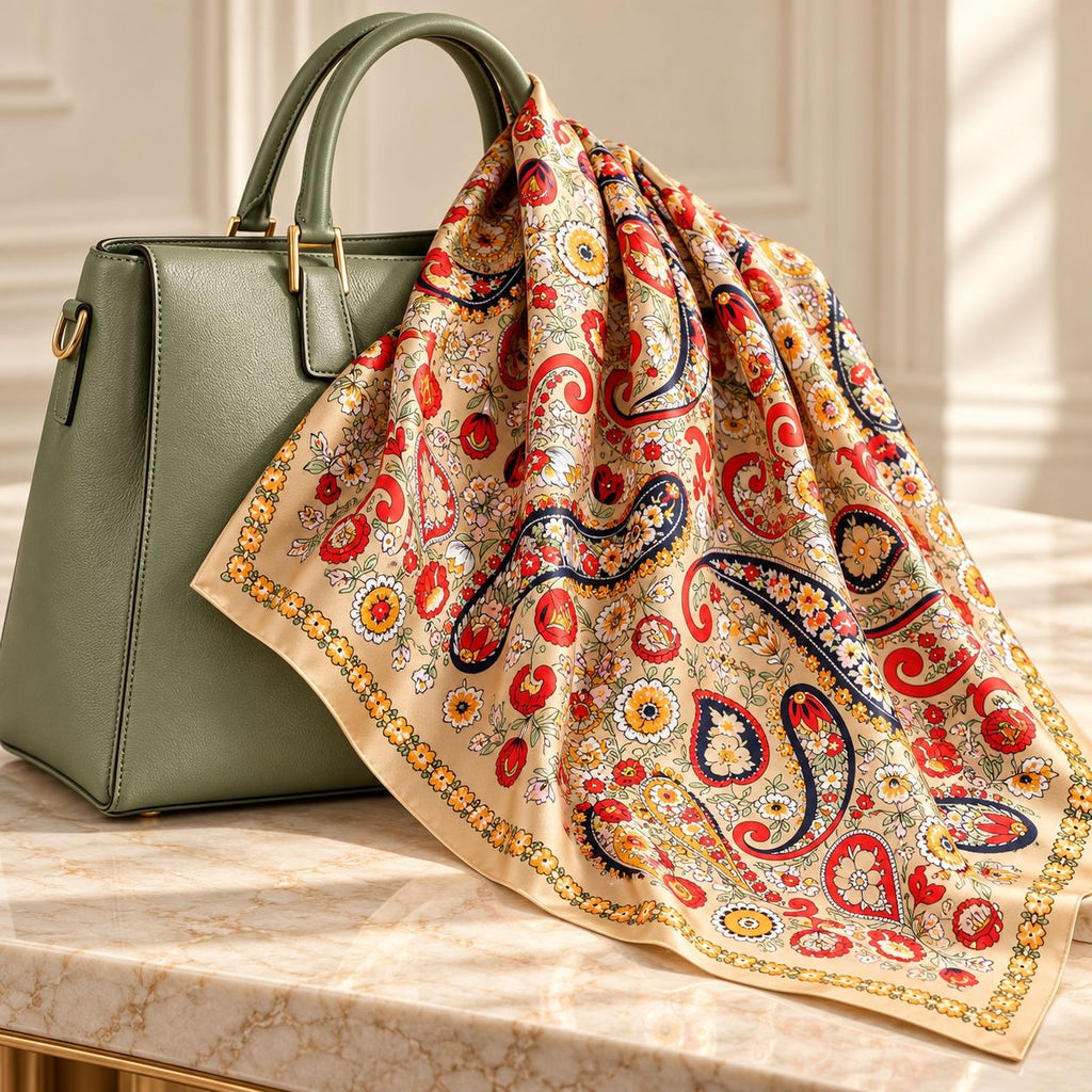A sage green leather handbag sits on a marble surface with a large patterned silk scarf draped over it. The scarf has a cream base with red, navy, and gold paisley motifs and a decorative border.