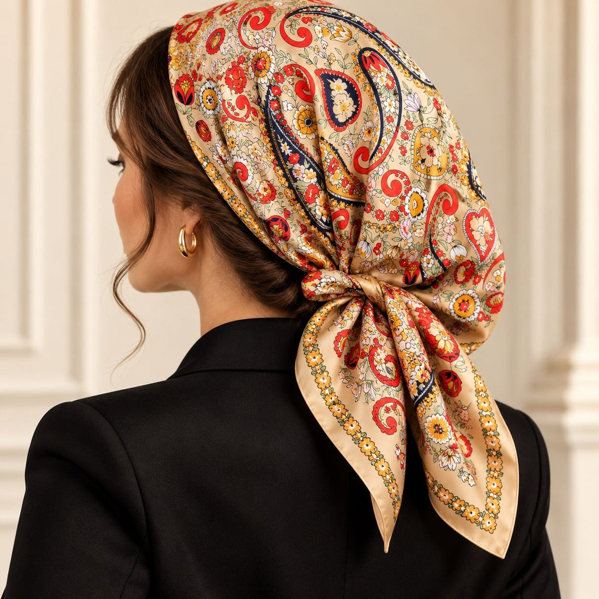 A woman shown from the back wearing a beige silk scarf tied around her head in a bow. The scarf features a vibrant red, orange, and navy blue paisley pattern with gold accents.