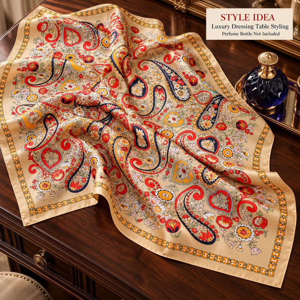 Beige Multicolor Paisley Floral Satin Polyester Scarf 35x35 Square Head Wrap