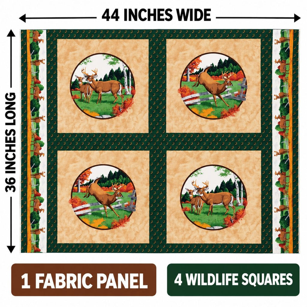 Vintage Cranston VIP Whitetail Deer Fabric Panel, 44x36 Cotton Quilt Blocks
