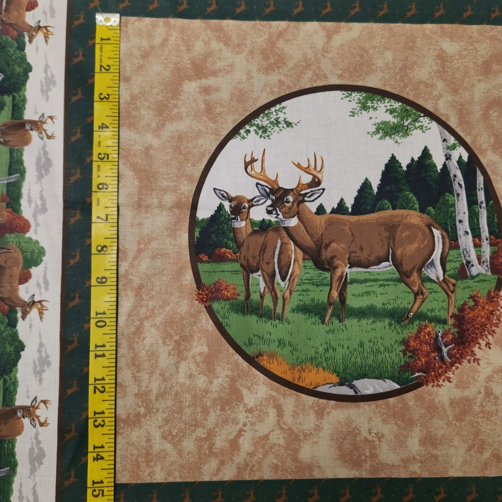 Vintage Cranston VIP Whitetail Deer Fabric Panel, 44x36 Cotton Quilt Blocks