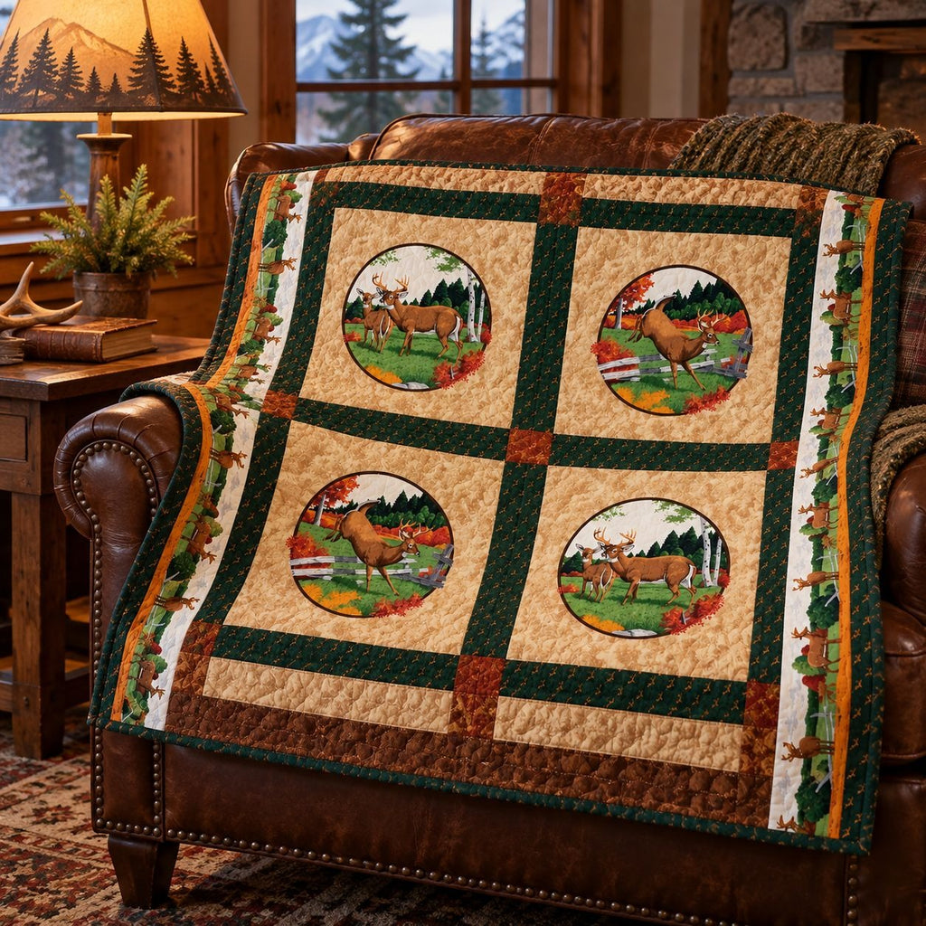 Vintage Cranston VIP Whitetail Deer Fabric Panel, 44x36 Cotton Quilt Blocks