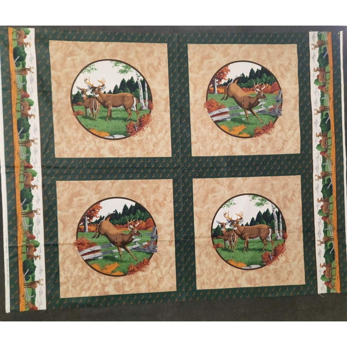 Vintage Cranston VIP Whitetail Deer Fabric Panel, 44x36 Cotton Quilt Blocks