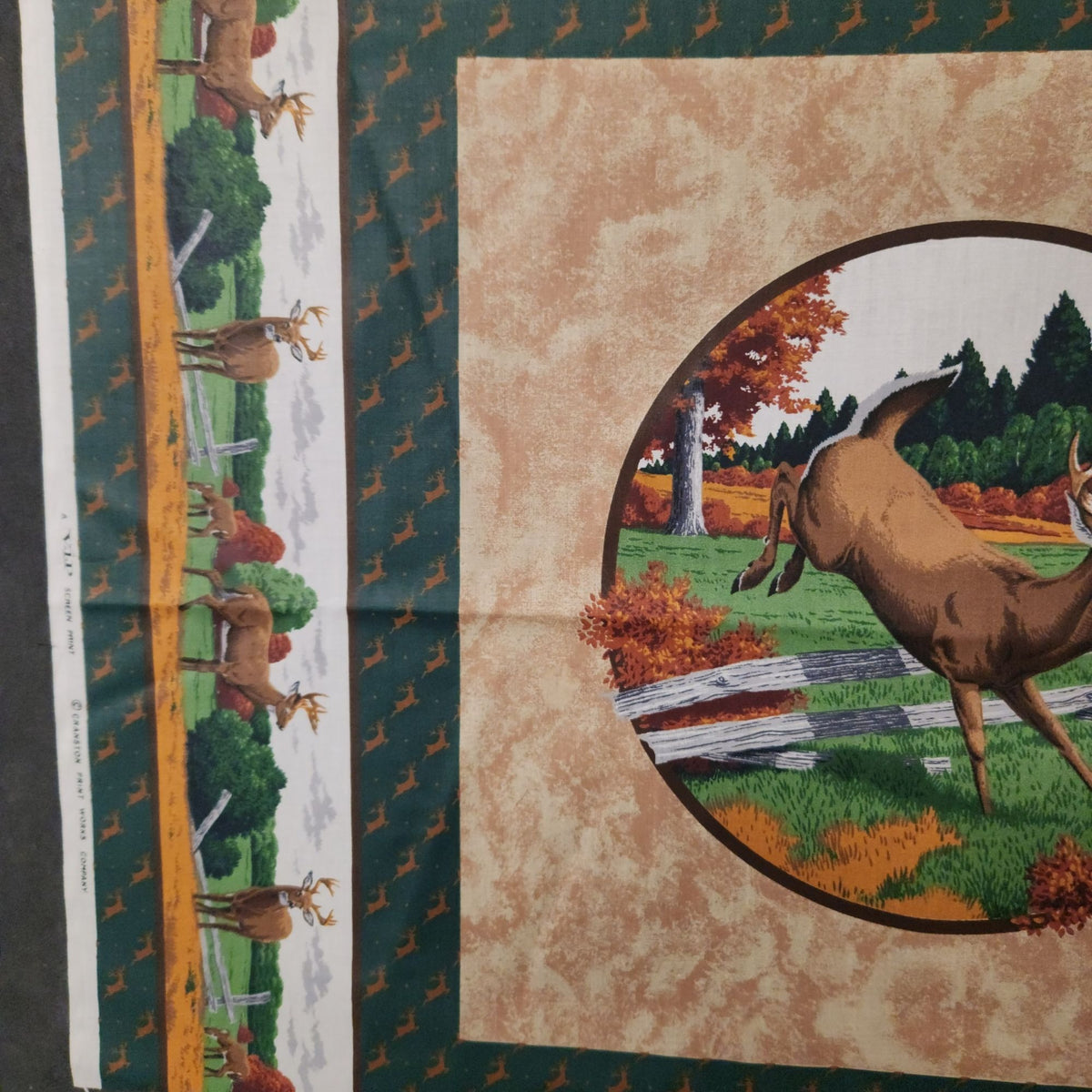 Vintage Cranston VIP Whitetail Deer Fabric Panel, 44x36 Cotton Quilt Blocks