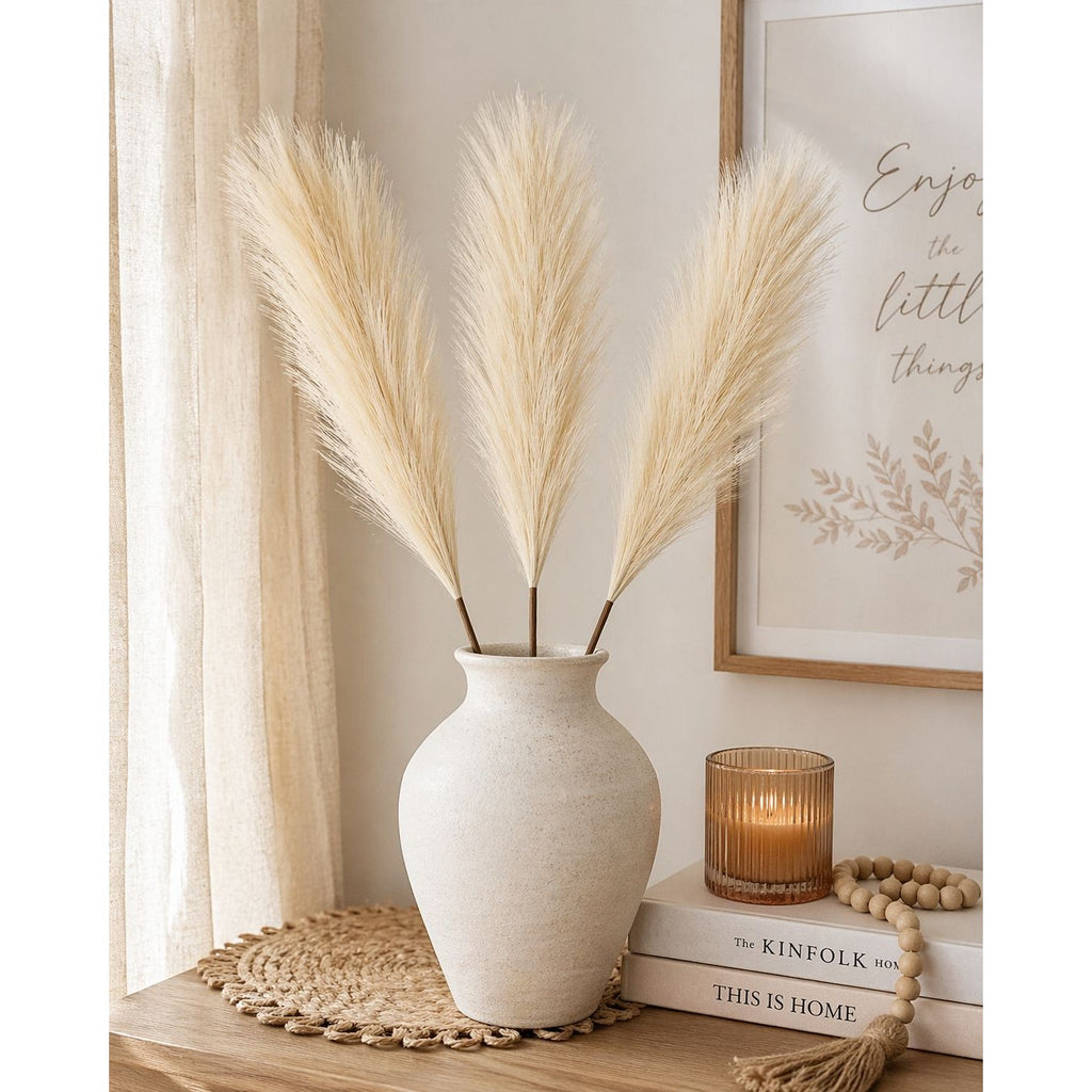 Cream Pampas Grass 3 Stem Faux Pampas Beige Boho Decor Neutral Vase Filler Farmhouse Floral Stems Minimalist Home Decor