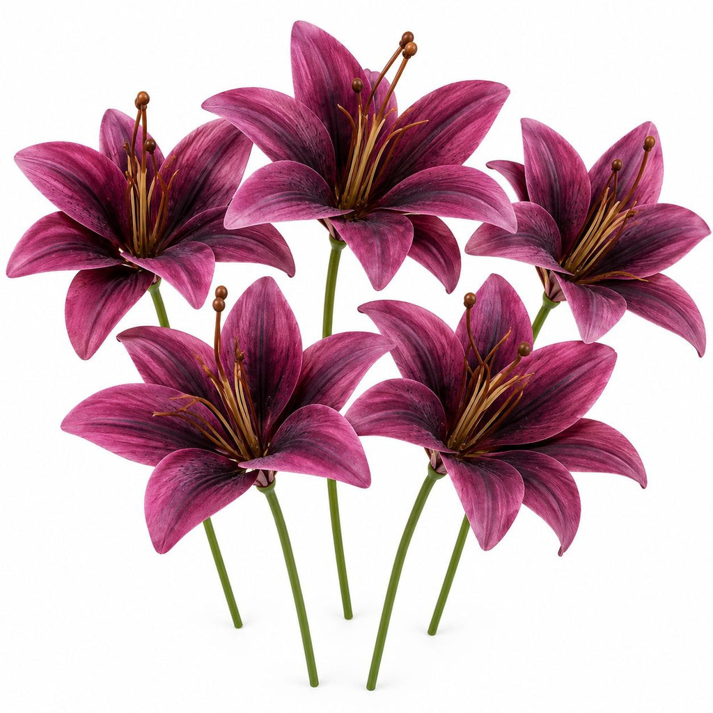 Five artificial deep magenta-purple lilies with green stems, arranged against a solid white background.