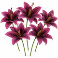 Five artificial deep magenta-purple lilies with green stems, arranged against a solid white background.