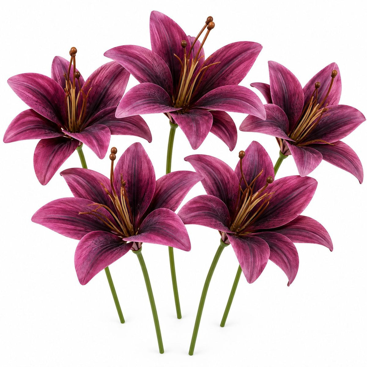 Five artificial deep magenta-purple lilies with green stems, arranged against a solid white background.