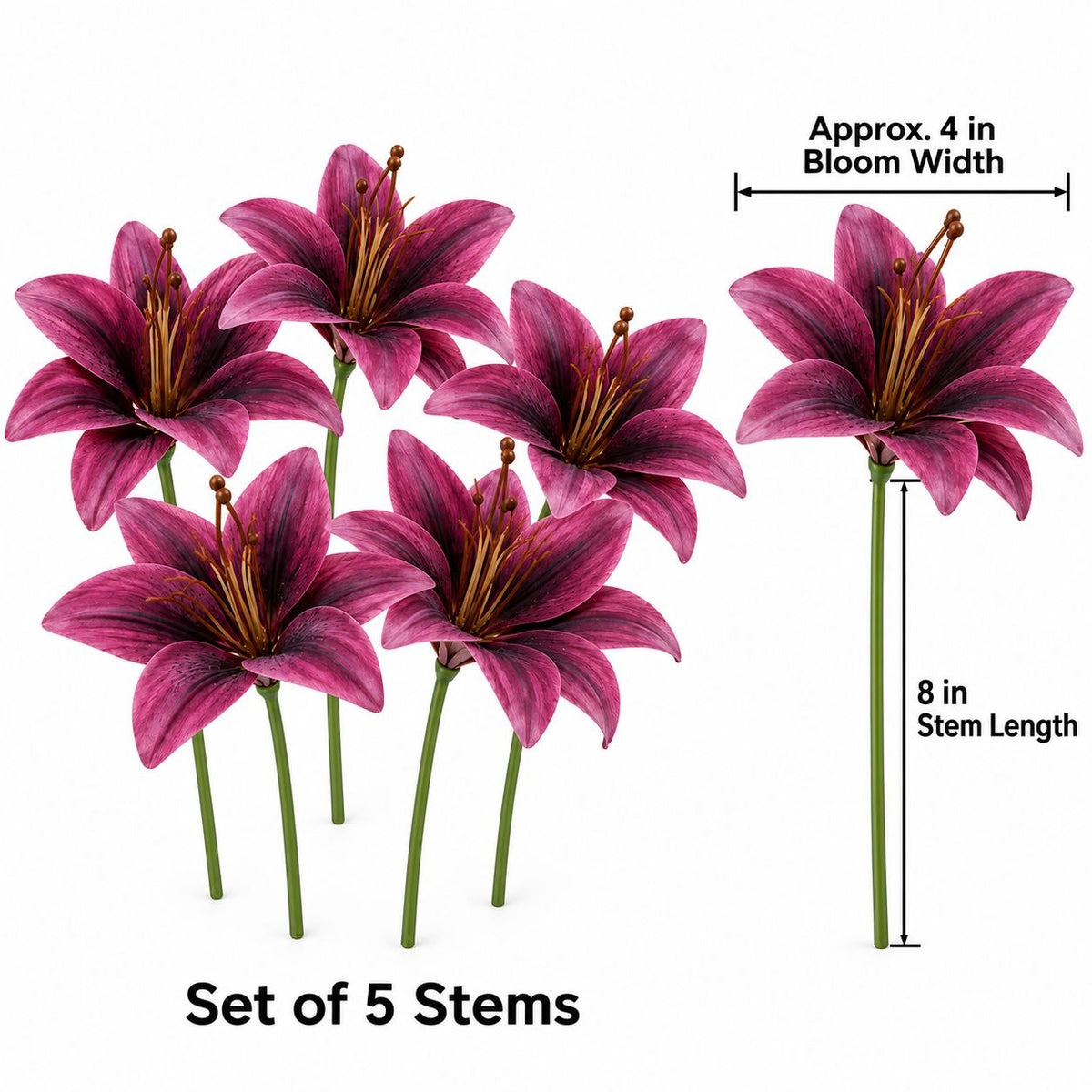 Five artificial pink lilies with green stems on a white background, with text indicating a set of 5 stems, approximately 4 inches in bloom width, and 8 inches in stem length.