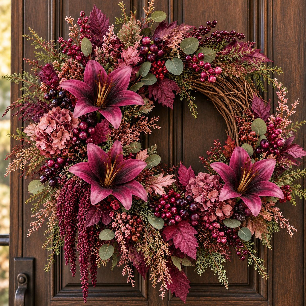 A large autumn wreath with three large pink lilies, burgundy berries, hydrangeas, and green foliage, displayed on a dark brown wooden front door.