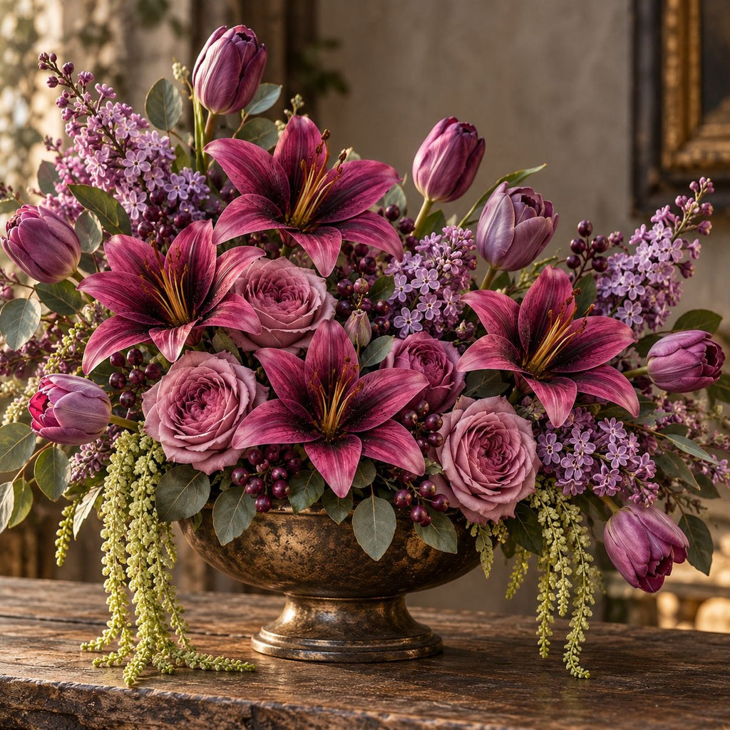 5 Plum Burgundy Mauve Artificial Silk Lily Stems, 4 Inch Blooms for Wreaths