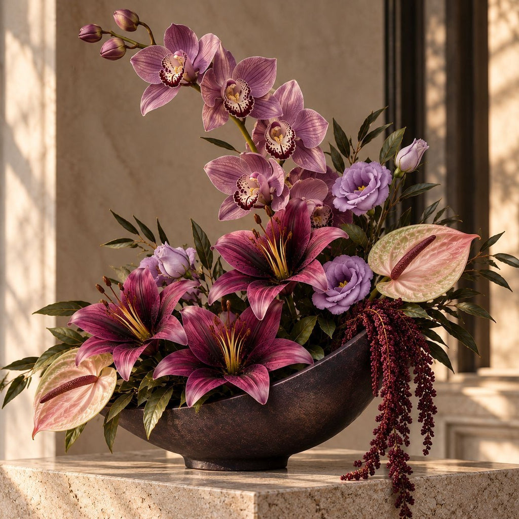 5 Plum Burgundy Mauve Artificial Silk Lily Stems, 4 Inch Blooms for Wreaths