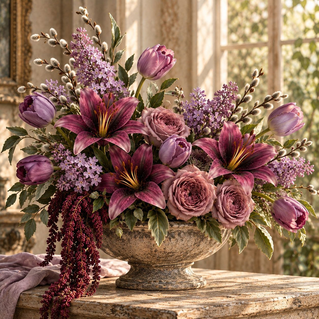5 Plum Burgundy Mauve Artificial Silk Lily Stems, 4 Inch Blooms for Wreaths
