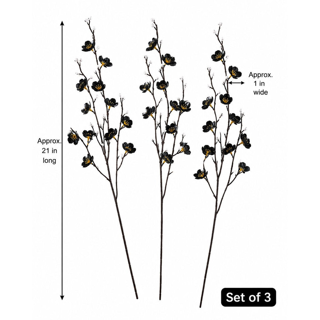 Black Wax Flower Stems Set of 3, 21 Inch Artificial Silk Cherry Blossom Dogwood Floral Filler for Halloween Gothic Decor