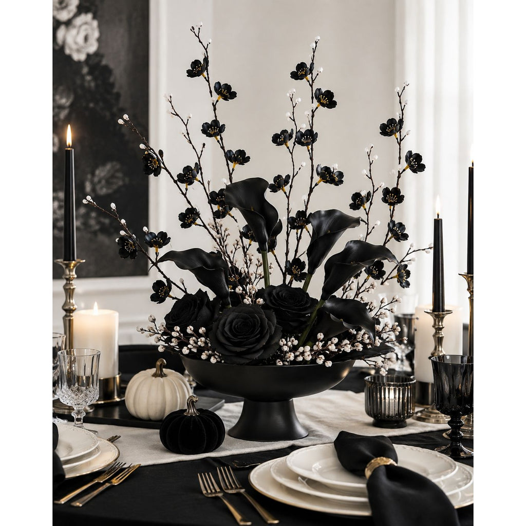 Black Wax Flower Stems Set of 3, 21 Inch Artificial Silk Cherry Blossom Dogwood Floral Filler for Halloween Gothic Decor