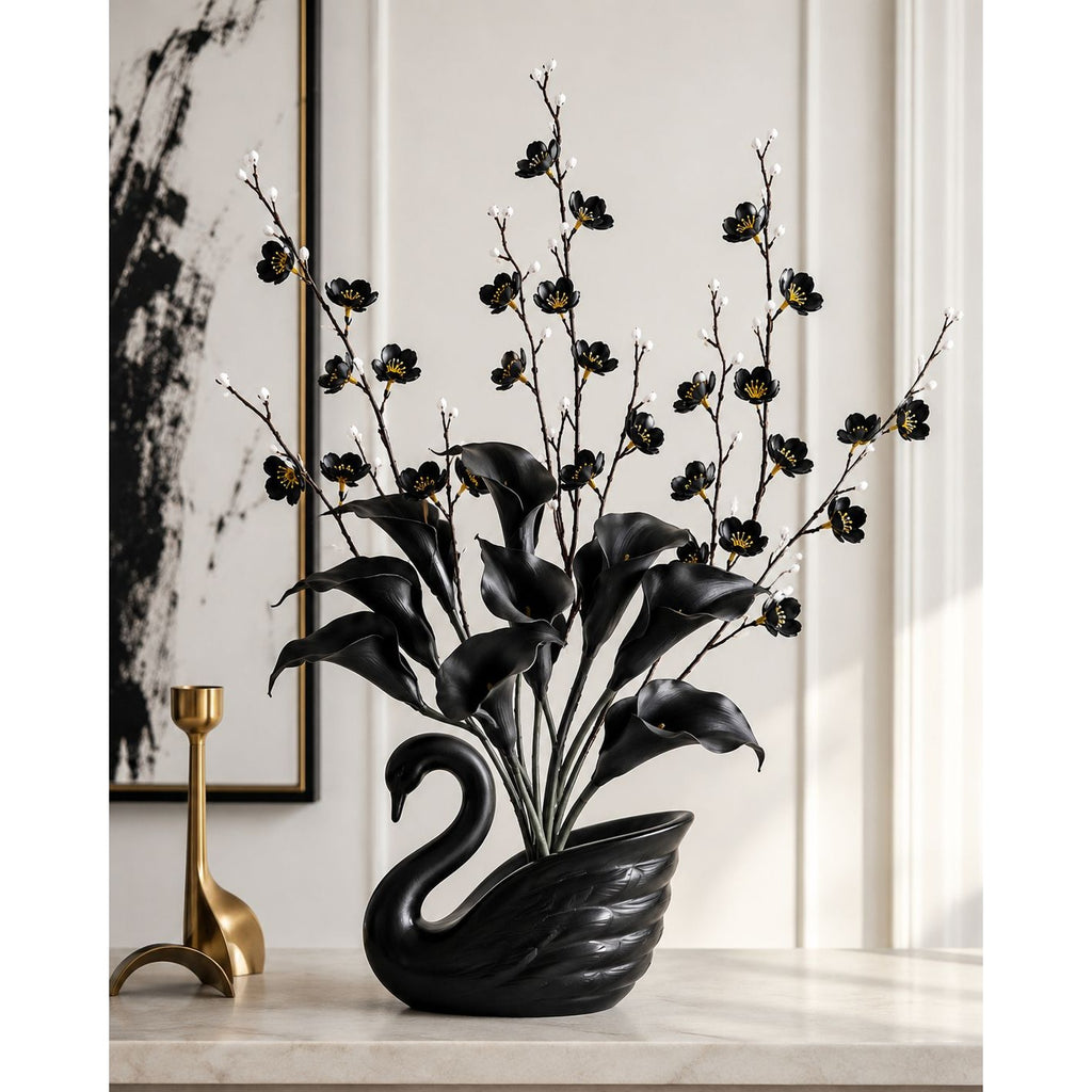 Black Wax Flower Stems Set of 3, 21 Inch Artificial Silk Cherry Blossom Dogwood Floral Filler for Halloween Gothic Decor