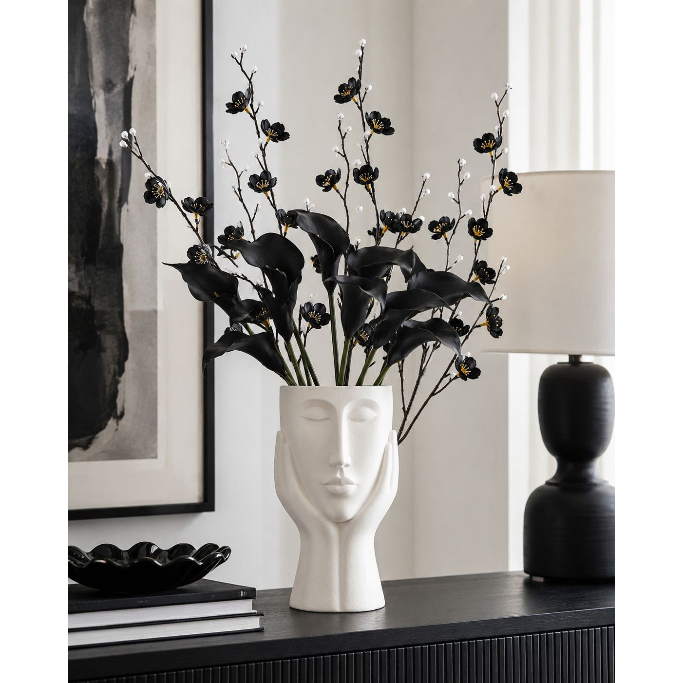 Black Wax Flower Stems Set of 3, 21 Inch Artificial Silk Cherry Blossom Dogwood Floral Filler for Halloween Gothic Decor