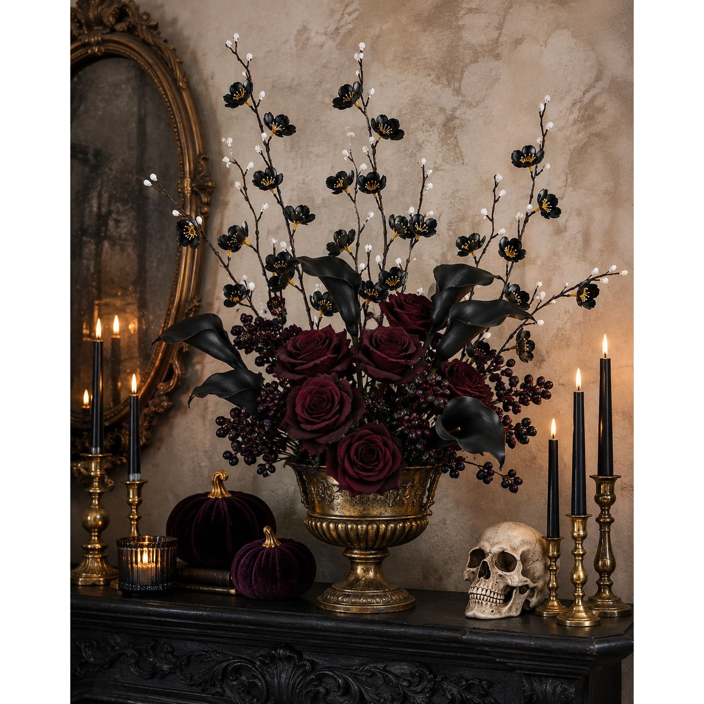Black Wax Flower Stems Set of 3, 21 Inch Artificial Silk Cherry Blossom Dogwood Floral Filler for Halloween Gothic Decor
