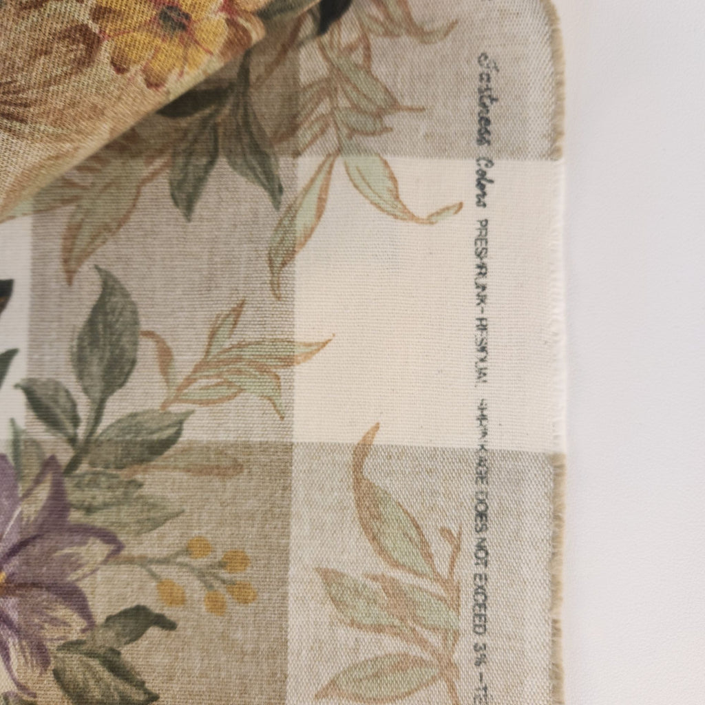 Vintage John Wolf Floral Cotton Fabric Cream Tan Plaid 3½ Yards x 108 Wide