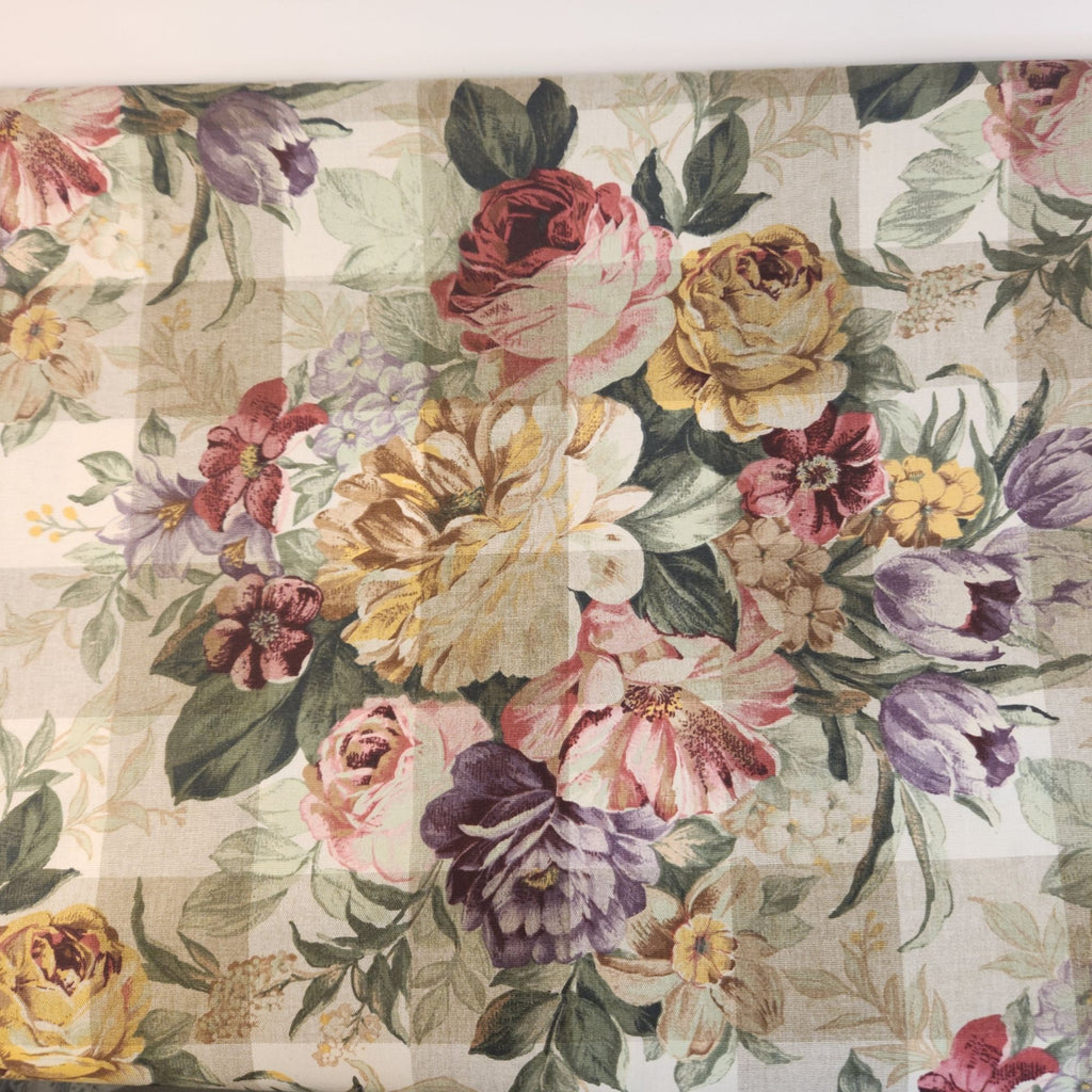 Vintage John Wolf Floral Cotton Fabric Cream Tan Plaid 3½ Yards x 108 Wide