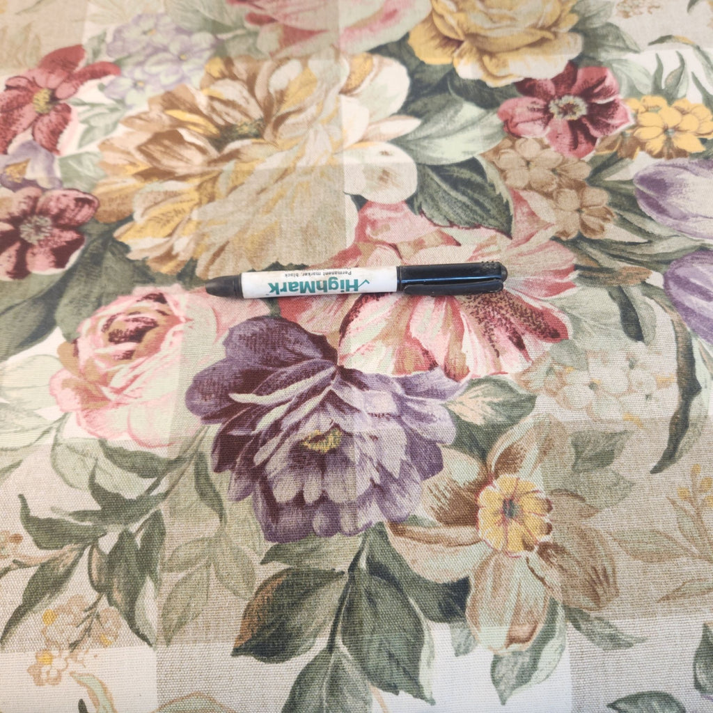 Vintage John Wolf Floral Cotton Fabric Cream Tan Plaid 3½ Yards x 108 Wide