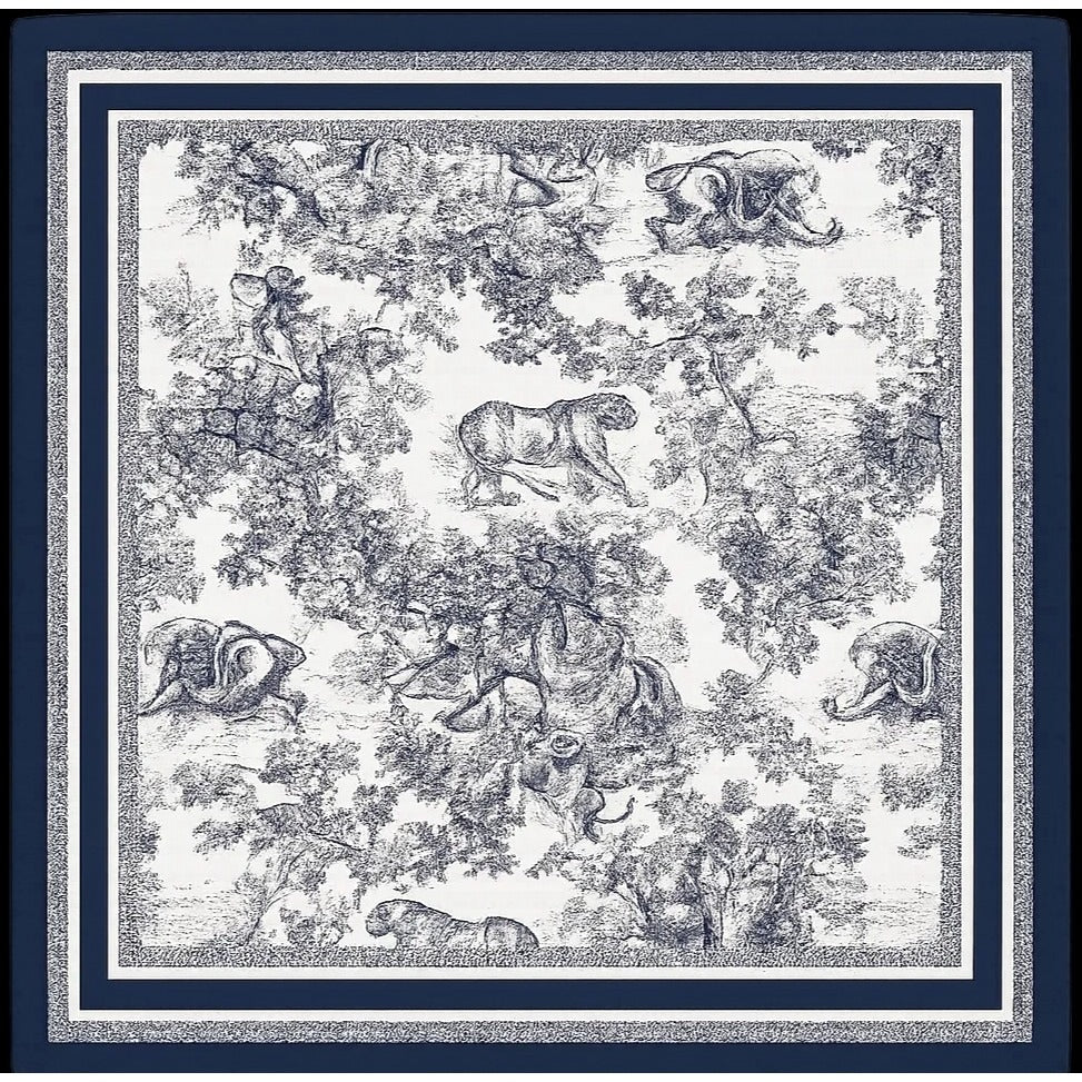Jungle Safari Animal Print Satin Scarf Navy Blue & White 35x35 in