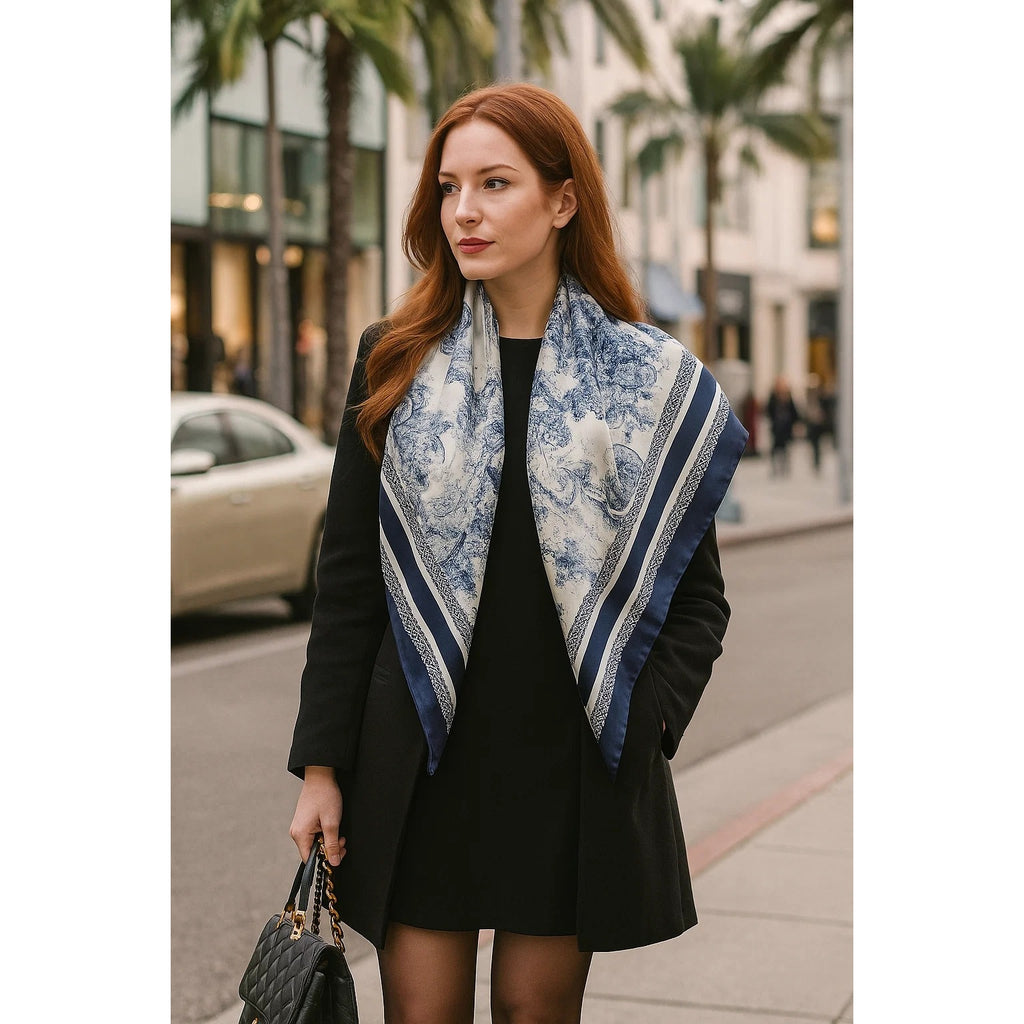 Jungle Safari Animal Print Satin Scarf Navy Blue & White 35x35 in
