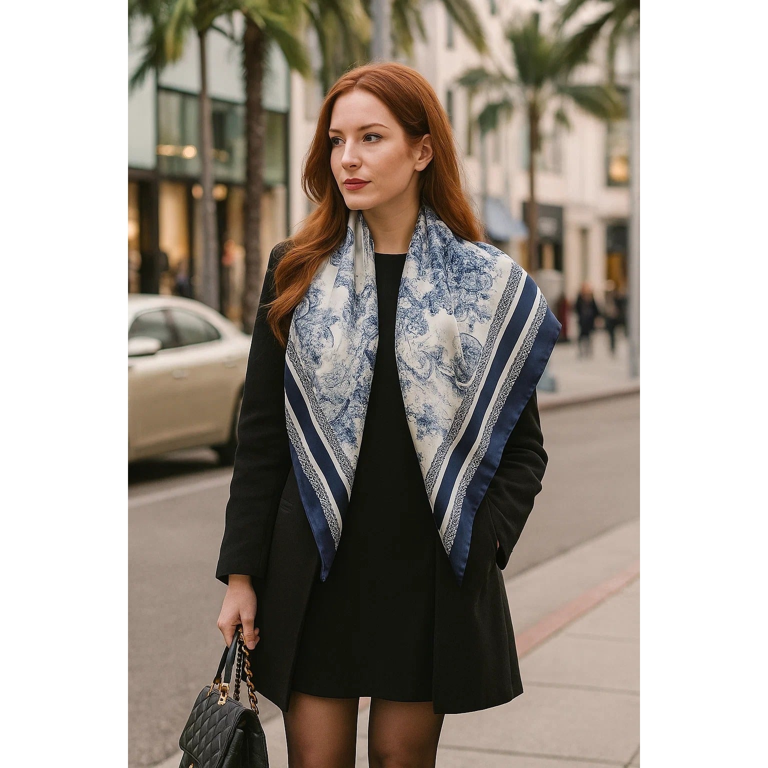 Jungle Safari Animal Print Satin Scarf Navy Blue & White 35x35 in