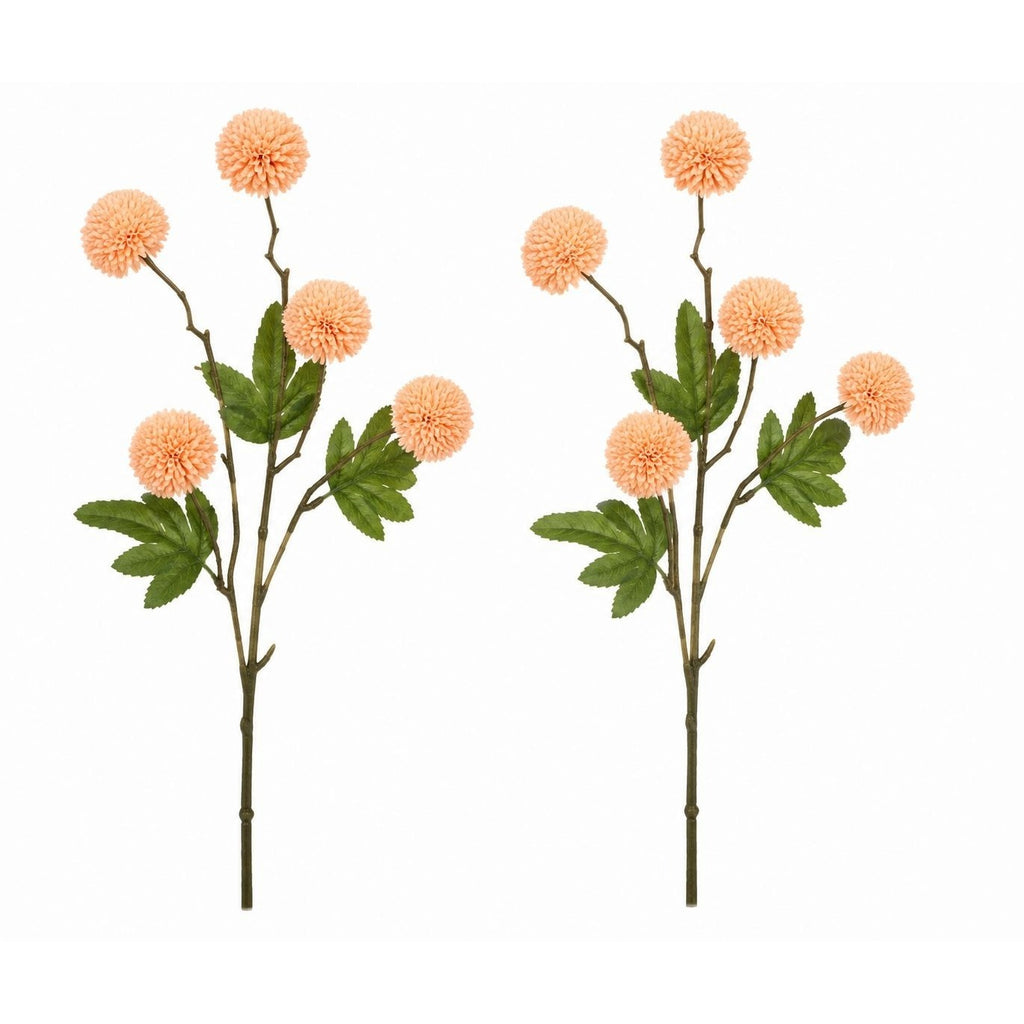 Peach Apricot Pom Pom Chrysanthemum Stems Set of 2, 20 Inch Artificial Silk Flowers for Floral Arrangements