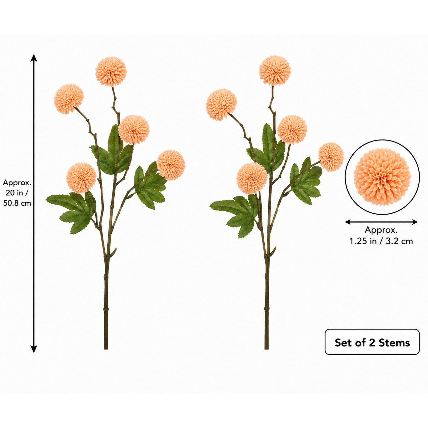 Peach Apricot Pom Pom Chrysanthemum Stems Set of 2, 20 Inch Artificial Silk Flowers for Floral Arrangements