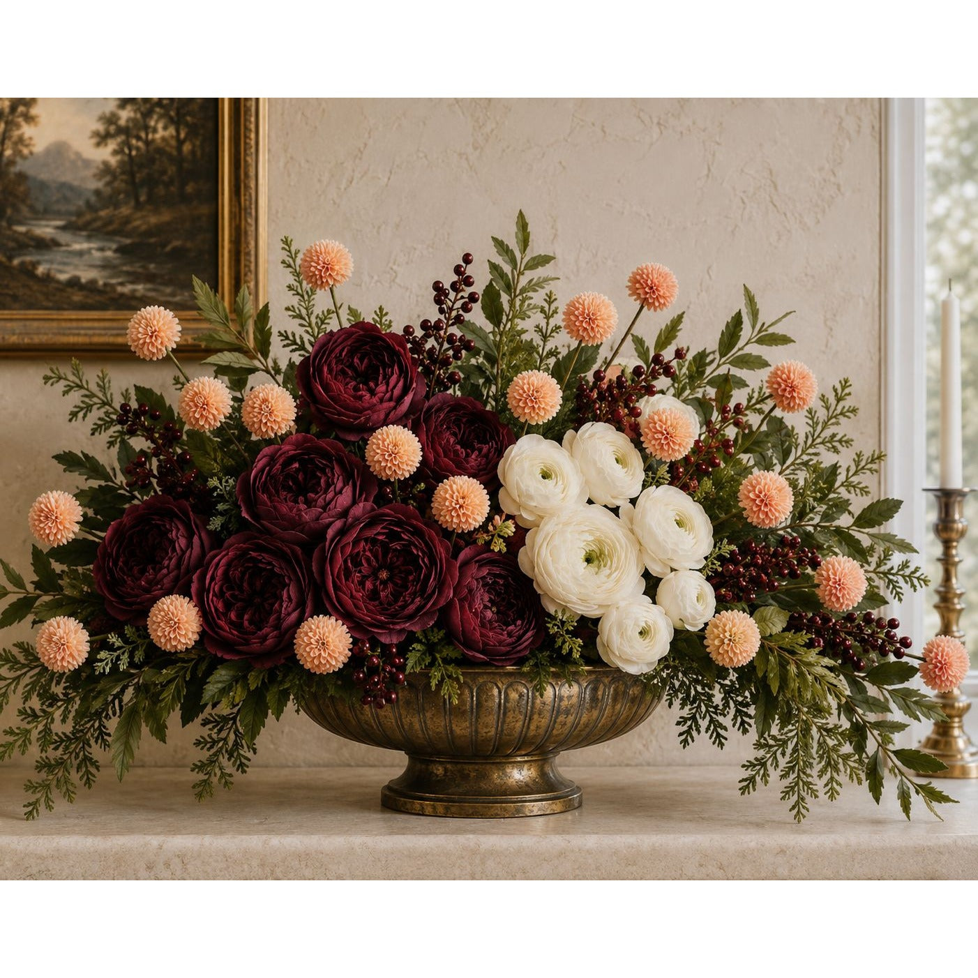 Peach Apricot Pom Pom Chrysanthemum Stems Set of 2, 20 Inch Artificial Silk Flowers for Floral Arrangements