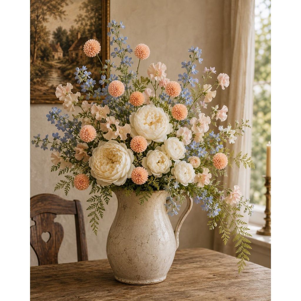 Peach Apricot Pom Pom Chrysanthemum Stems Set of 2, 20 Inch Artificial Silk Flowers for Floral Arrangements